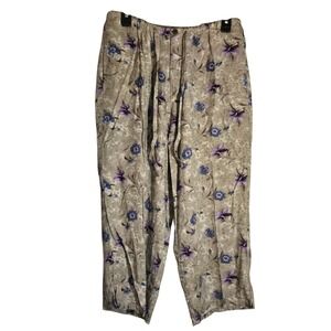 Island Trader Vintage Floral Rayon Pants Purple Blue Tan Elastic Waist Large